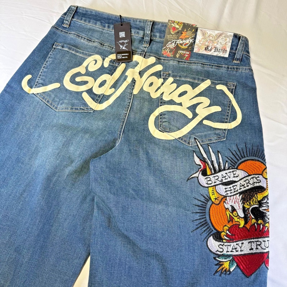 NWT‎ Ed Hardy Women's Brave Hearts Stay True Eagle Wide Leg Jeans Size 32X32